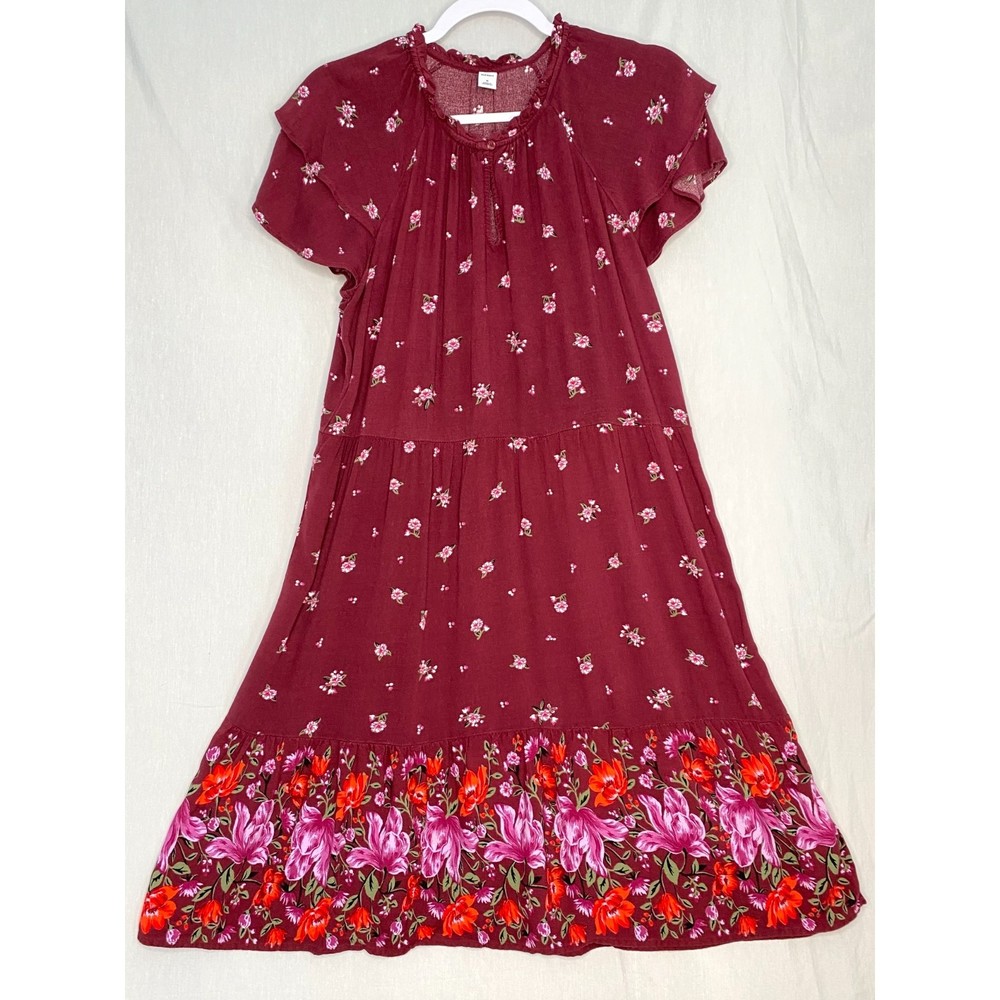 💎Old Navy Midi Dress Burgundy Floral Print Gathered Keyhole Neckline Size Medium